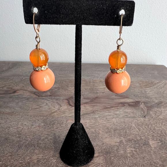 Peach Orange Bauble Beaded Rhinestone Studded Dangle Drop Earrings - Picture 2 of 7